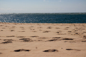 A cloudless sky and a mature fisherman standing on a sandy beach in western France. In the foreground, the sand bears footprints.