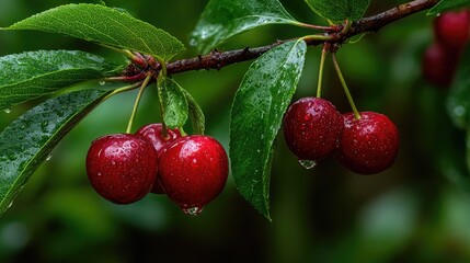 Obraz premium Fresh cherries hanging from a branch covered in water droplets.