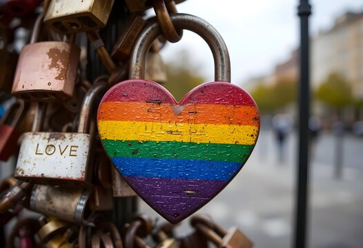 A rainbow heart-shaped lock amidst traditional love padlocks on a bridge, representing diversity and love, perfect for lgbtq+ pride.