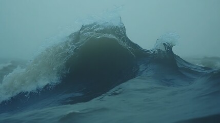 Obraz premium A powerful ocean wave crests in a misty atmosphere.