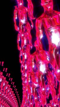 Retro Futuristic seamless animation of walking metal humanoids. Synthwave vertical video in purple,pink and blue.