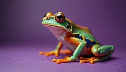 Close-up macro photo shows vibrant green tree frog with orange legs resting on purple background. Tiny amphibian has large expressive eyes. Perfect for nature, wildlife, or exotic pet themes.