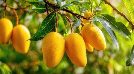 Ripe mangoes hanging from a tree branch.
