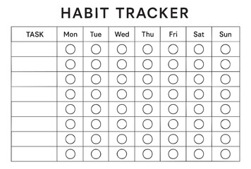 Black Weekly habit tracker chart with circular checkboxes for daily monitoring, organized structure. concept of planning, productivity, goal setting success, personal development. Template copy space