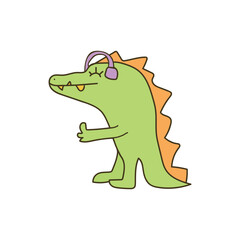 Dinosaur, dragon, listening to music in headphones, hand drawn. Cartoon animals isolated on white background. Doodle. Vector