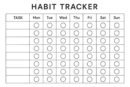 Black Weekly habit tracker chart with circular checkboxes for daily monitoring, organized structure. concept of planning, productivity, goal setting success, personal development. Template copy space