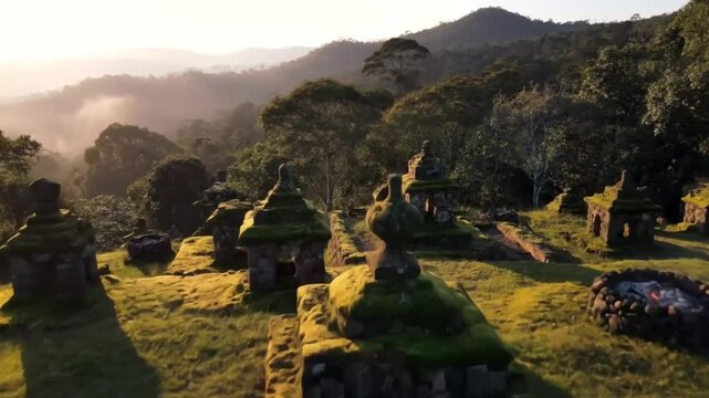 The ancient gedong songo hindu temple complex stands majestically amidst the lush green hills of central java, indonesia, shrouded in a gentle mist, evoking a sense of timeless wonder