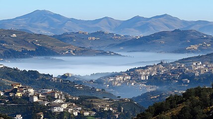 Misty valley with a town nestled amongst rolling hills.