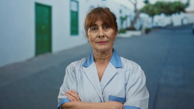 Confident senior hispanic woman in cleaning uniform stands arms crossed on an urban street, showcasing professionalism and dignity in an outdoor city setting.