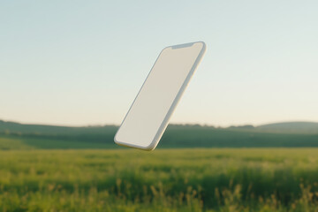 Smartphone floating above grassy field. Serene sky background. Mobile technology meets nature in a seamless blend. Minimalist modern design.