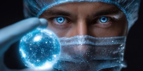 A doctor examines a glowing orb, symbolizing scientific progress and medical innovation.