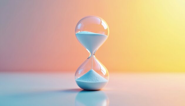 Hourglass timer symbolizing time management, digital artwork with minimalist view. Blue sand flows through glass bulbs. Abstract gradient background, soft pastel colors, peaceful ambiance.