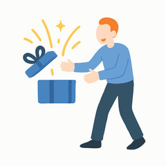 Flat Illustration of Excited Man Opening a Blue Gift Box
