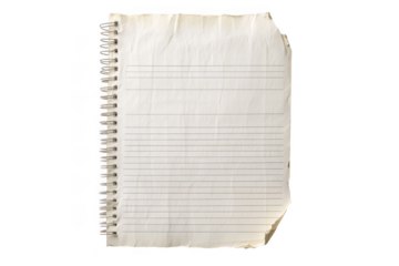 Close up of a single sheet of lined paper from a spiral notebook isolated on transparent background
