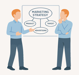 Flat Illustration Two Men Discussing Marketing Strategy Flowchart Presentation on Whiteboard
