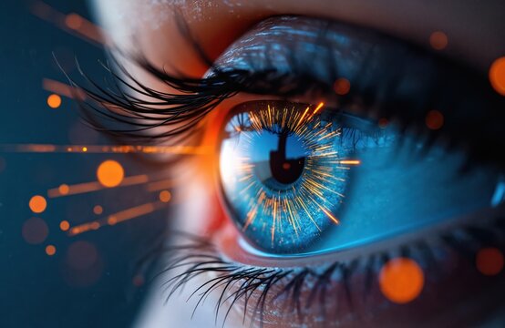 Close-up macro shot of futuristic human eye with glowing blue iris, digital orange sparks. Reflecting advanced technology, innovation, vision. Eye AI, cybernetics, science fiction, future concepts.