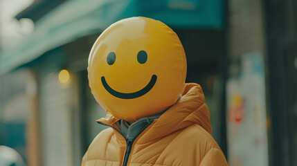 Person wearing smiley face balloon mask in yellow jacket, AI generated