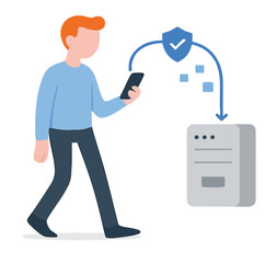 Flat Illustration Man Walking Holding Smartphone Data Security Transmission