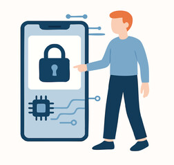 Flat Illustration Man Pointing at Secured Mobile Phone Application Concept