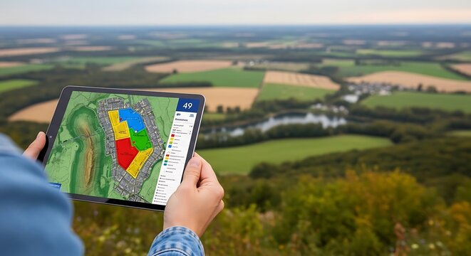 Person using digital tablet to view a land use map of a rural landscape.
