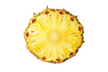 Close up of a vibrant yellow pineapple slice with textured skin isolated on transparent background