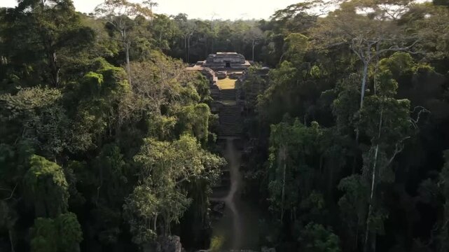 An aerial view captures the majestic mayan ruins nestled deep within the lush, verdant jungle of belize, showcasing the ancient civilizations architectural prowess and historical significance