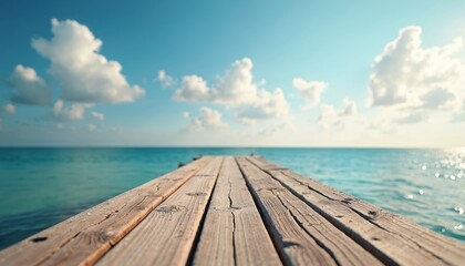 Fototapeta premium Wooden pier extends towards turquoise ocean under clear blue sky with fluffy clouds. Sun reflects on calm water creating sparkling effect. Idyllic tropical island scene invites relaxation, romantic