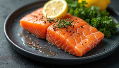 Two raw salmon steaks seasoned with pepper rest on dark plate, garnished with fresh lemon slices, green herbs. Close-up shot highlights vibrant orange color, flaky texture of fish, perfect for