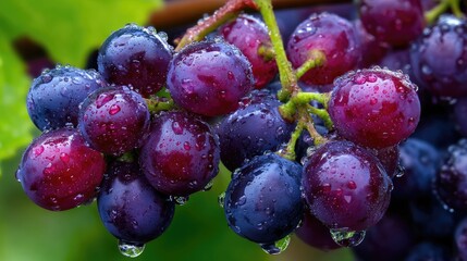 Close-up view of a bunch of grapes covered in water droplets.