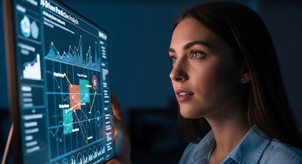 A focused woman studies data displayed on a computer screen, analyzing charts and graphs.