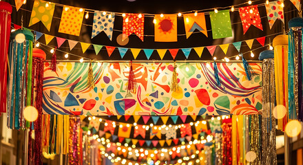 Obraz premium Colorful decorations and lights hanging overhead creating a festive atmosphere in the night time ai genrated