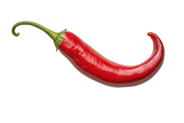 A single bright red chili pepper with a green stem curved elegantly isolated on transparent background