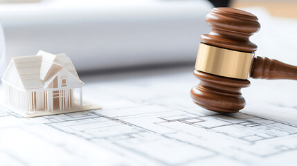 Residential building and law conceptual: A gavel rests on architectural plans next to a model house. The image implies legal considerations for property.