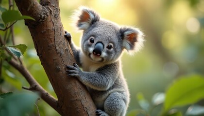 Fototapeta premium Adorable koala joey clings to a tree trunk in a lush green forest. This cute baby animal embodies wildlife, nature, and conservation themes, perfect for educational or environmental content.