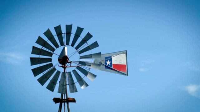 A texas flag adorns a vintage windmill against a clear blue sky