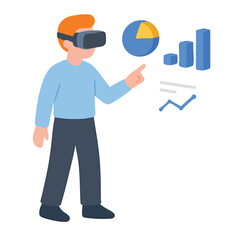 Flat Style Person Wearing VR Headset Interacting with Data Charts Illustration
