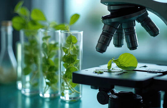 Modern microscope examines green leaves in test tubes within lab setting, exploring plant biology, sustainable development. Scientific study focuses on innovation, ecology, nature conservation for