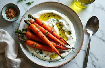 Roasted baby carrots with creamy yogurt dip, olive oil drizzle. Garnished with fresh parsley, served in rustic bowl on marble surface. Side of spices adds texture, flavor. Healthy, delicious