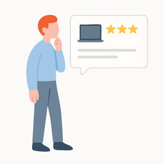 Flat Style Person Thinking about Laptop Review with Star Rating