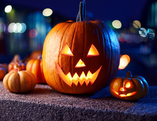 Fototapeta premium Glowing pumpkin decorations, carved pumpkin, cities for the holiday. Halloween concept. Background with selective focus_4x3