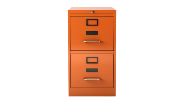Orange filing cabinet with two drawers for document storage