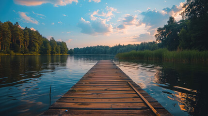 Fototapeta premium A tranquil lake scene with a wooden dock stretching into calm waters under a soft, colorful sky.
