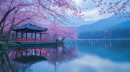 Fototapeta premium A serene lakeside pavilion surrounded by blooming cherry blossoms reflects on calm water with misty mountains in the background under a soft blue sky.