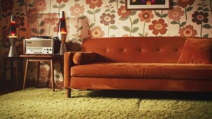 Vintage Living Room with Brown Couch and Retro Floral Wallpaper
