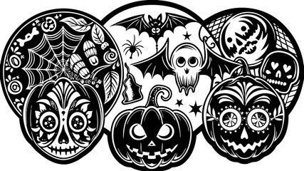 Traditional American Tattoo Halloween Flash Sheet - Vintage Skull, Pumpkin, Witch & Ghost - Bold Black & Red Line Art.