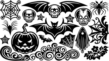 Traditional American Tattoo Halloween Flash Sheet - Vintage Skull, Pumpkin, Witch & Ghost - Bold Black & Red Line Art.