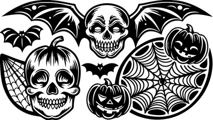 Traditional American Tattoo Halloween Flash Sheet - Vintage Skull, Pumpkin, Witch & Ghost - Bold Black & Red Line Art.