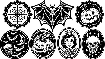 Traditional American Tattoo Halloween Flash Sheet - Vintage Skull, Pumpkin, Witch & Ghost - Bold Black & Red Line Art.