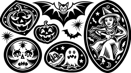 Traditional American Tattoo Halloween Flash Sheet - Vintage Skull, Pumpkin, Witch & Ghost - Bold Black & Red Line Art.