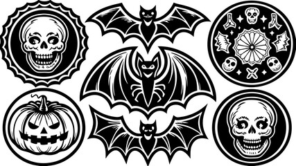 Traditional American Tattoo Halloween Flash Sheet - Vintage Skull, Pumpkin, Witch & Ghost - Bold Black & Red Line Art.